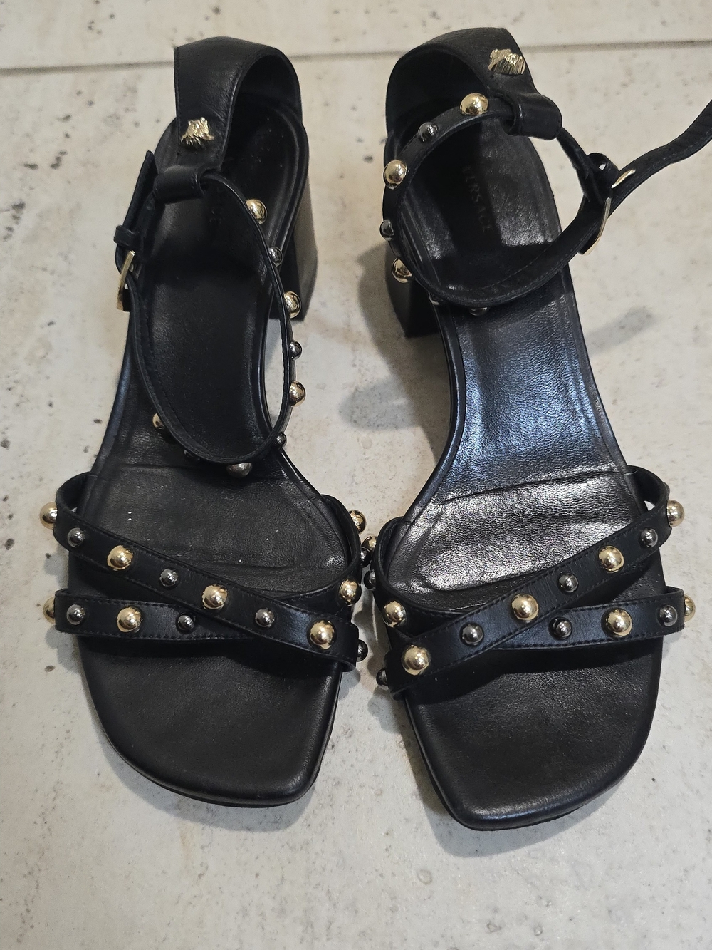 Versace Black Leather Studded Ankle-Strap Sandals Size 6